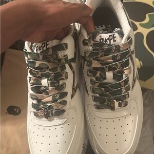 BAPE White Sneakers with Camouflage Laces